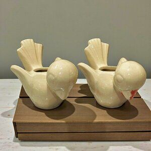Shawnee Pottery Small White Bird Planter Lot of 2 Vintage 1950s Orange Beak (1)